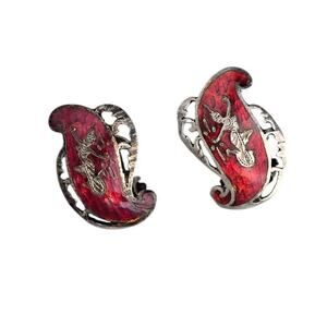 Siam Sterling Silver Red Enamel Goddess Clip-On Earrings Vintage Thai Niello
